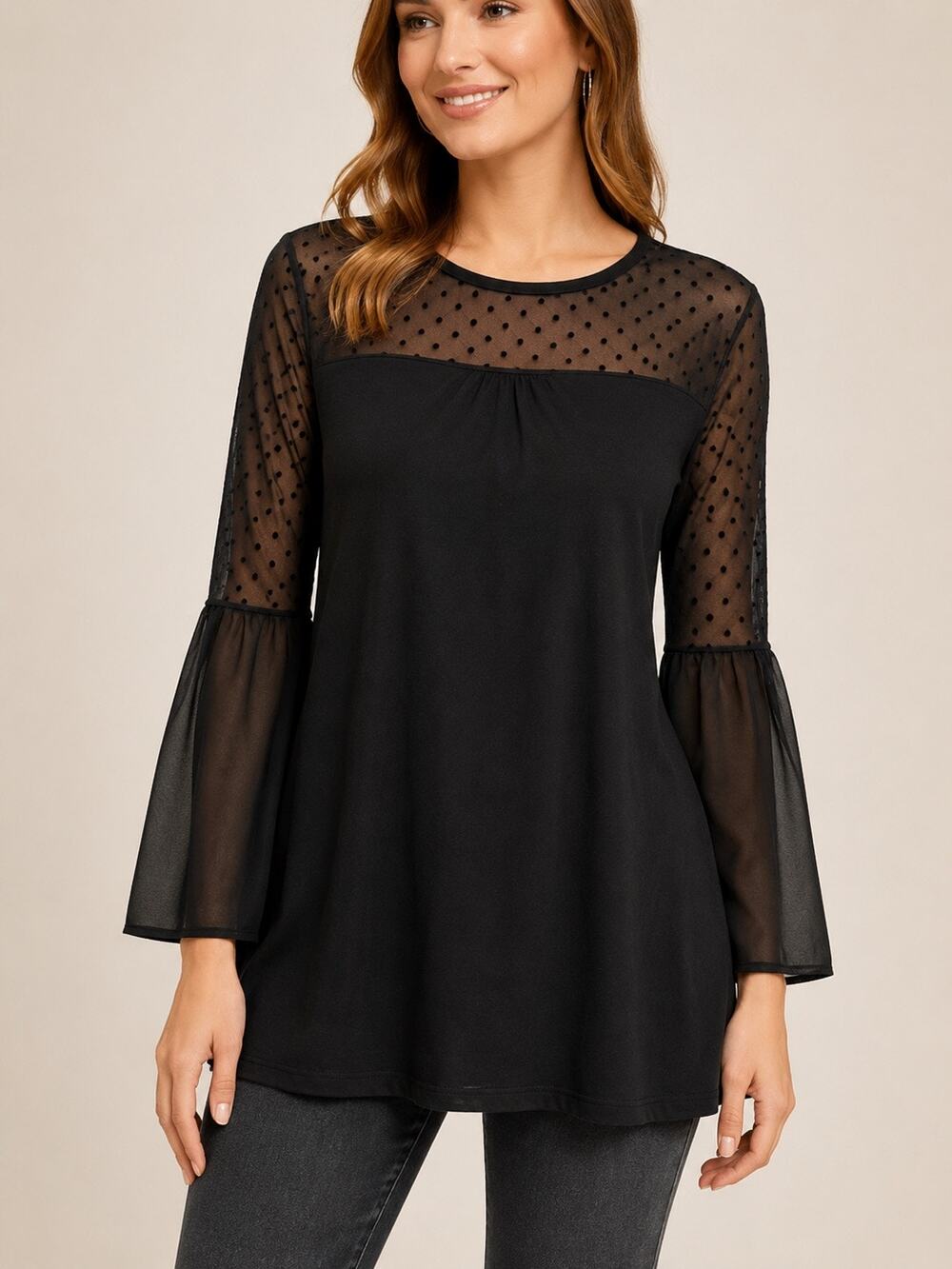 Avec Polka Dot Illusion Bell Sleeve Tunic Black S NWT Mesh Sheer Long Sleeve Top